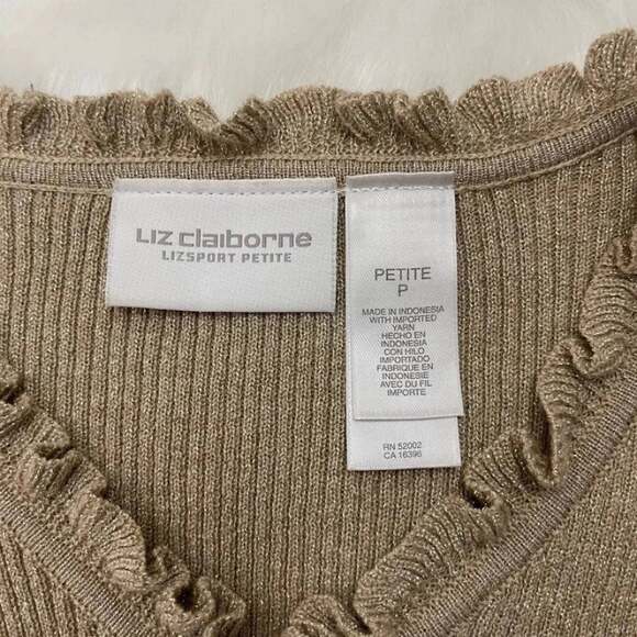 🌟 VTG Y2K Liz Claiborne Lizsport Petite Gold Shimmer Holiday Ruffle Sweater PS - Picture 8 of 13